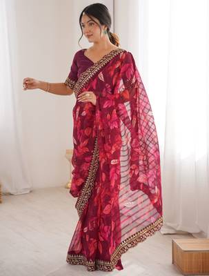 pink marble bright patta saree with flower print & embroidery work | cut work lace border 1