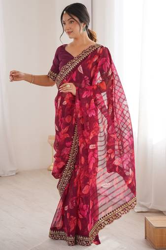 pink heavy marble bright patta saree with flower print & embroidery work | cut work lace border
