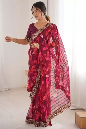 pink heavy marble bright patta saree with flower print & embroidery work | cut work lace border