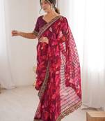 pink heavy marble bright patta saree with flower print & embroidery work | cut work lace border