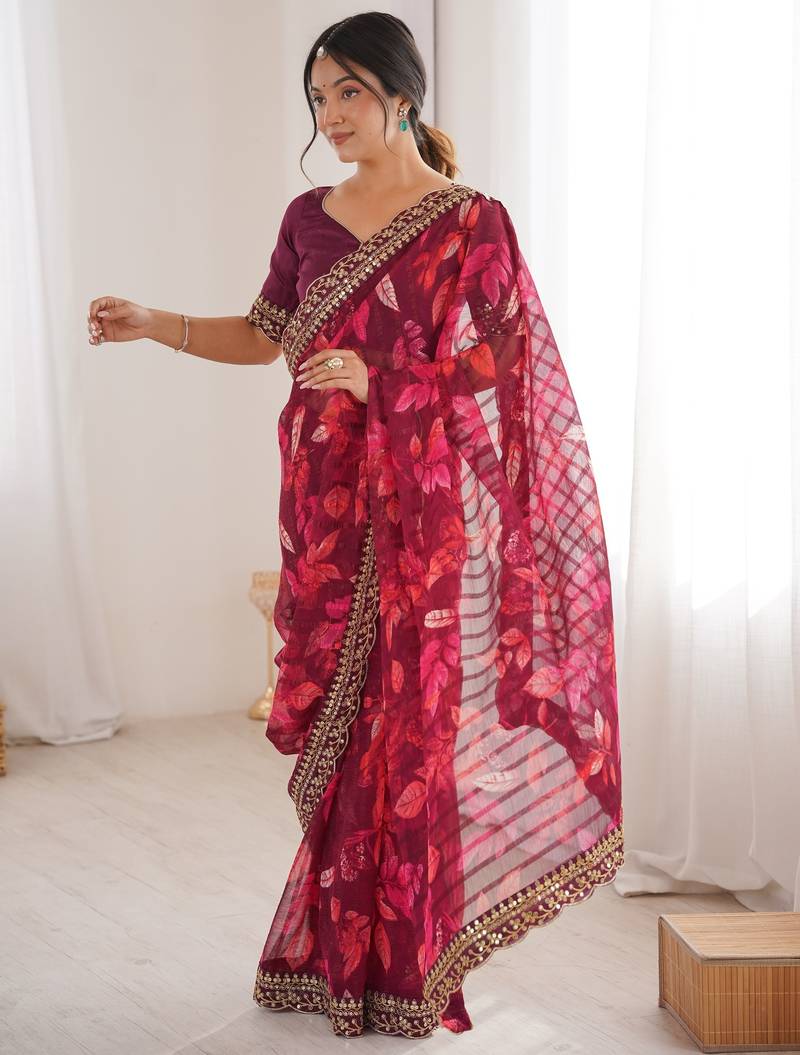 pink heavy marble bright patta saree with flower print & embroidery work | cut work lace border