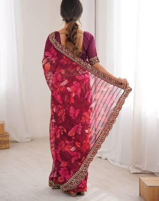 pink marble bright patta saree with flower print & embroidery work | cut work lace border 2