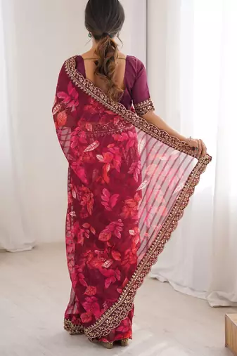 pink marble bright patta saree with flower print & embroidery work | cut work lace border
