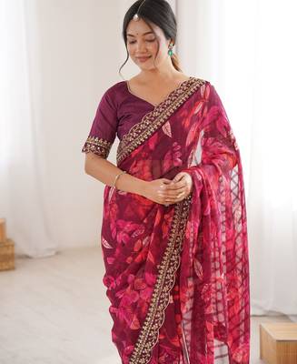 pink marble bright patta saree with flower print & embroidery work | cut work lace border 3