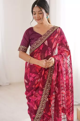 pink marble bright patta saree with flower print & embroidery work | cut work lace border
