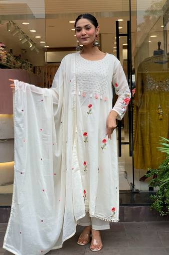 White ready-to-wear chanderi silk kurta set with embroidered dupatta