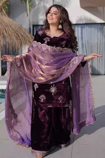 Wine premium ice velvet kurti palazzo set with sequins embroidered fendi dupatta – party wear ready-made