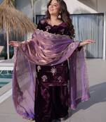 Wine premium ice velvet kurti palazzo set with sequins embroidered fendi dupatta – party wear ready-made