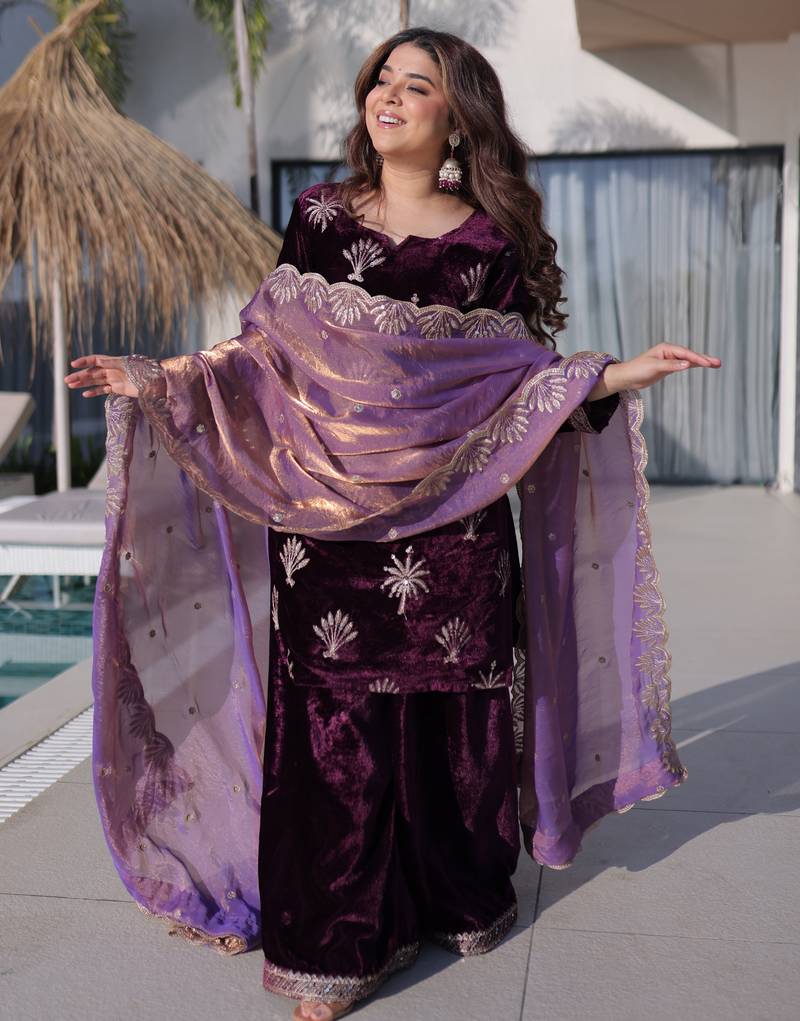 Wine premium ice velvet kurti palazzo set with sequins embroidered fendi dupatta – party wear ready-made