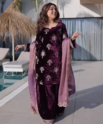 Wine premium ice velvet kurti palazzo set with sequins embroidered fendi dupatta party wear ready-made 3