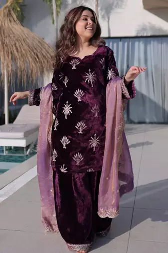 Wine premium ice velvet kurti palazzo set with sequins embroidered fendi dupatta party wear ready-made