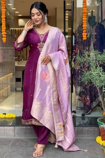 Wine elegant chanderi kurti set with embroidery & jacquard dupatta     ready-made ethnic wear