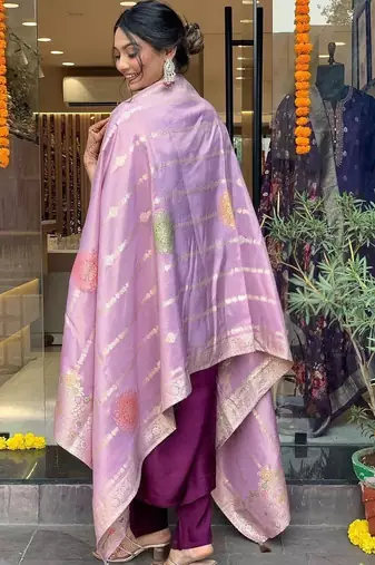 Wine elegant chanderi kurti set with embroidery & jacquard dupatta ready-made ethnic wear