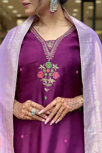 Wine elegant chanderi kurti set with embroidery & jacquard dupatta ready-made ethnic wear