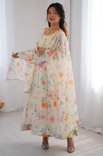 Off white  floral organza gown set with micro cotton inner & dupatta