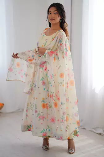 Off white floral organza gown set with micro cotton inner & dupatta