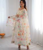 Off white  floral organza gown set with micro cotton inner & dupatta