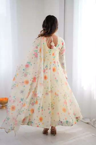 Off whitefloral organza gown set with micro cotton inner & dupatta