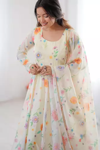 Off whitefloral organza gown set with micro cotton inner & dupatta