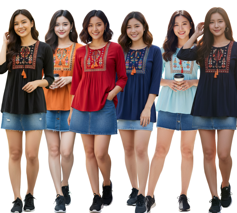 Pack Of 6 handmade block print Solid Embroidered rayon fabric designer tops & tunics