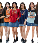 Pack Of 6 handmade block print Solid Embroidered rayon fabric designer tops & tunics