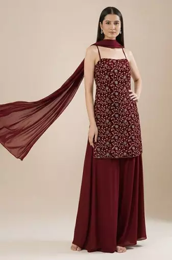 Maroon embroidered silk sharara set