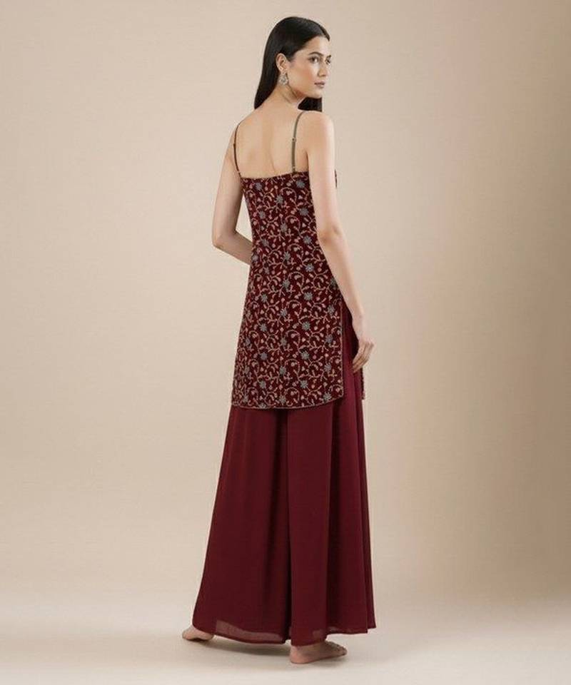 Maroon embroidered silk sharara set