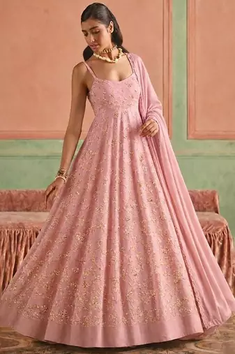 Pink embroidered poly crepe anarkali set