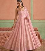 Pink embroidered poly crepe anarkali set