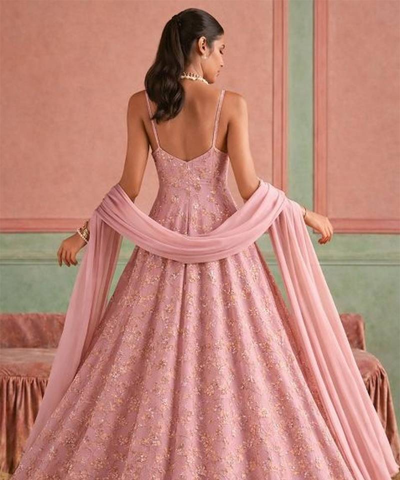 Pink embroidered poly crepe anarkali set