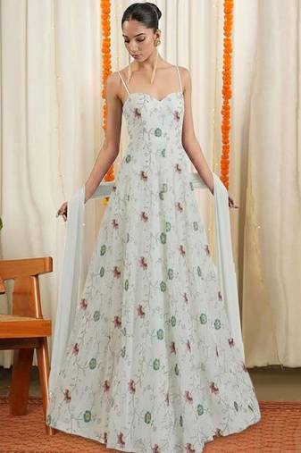 White embroidered tissue anarkali set