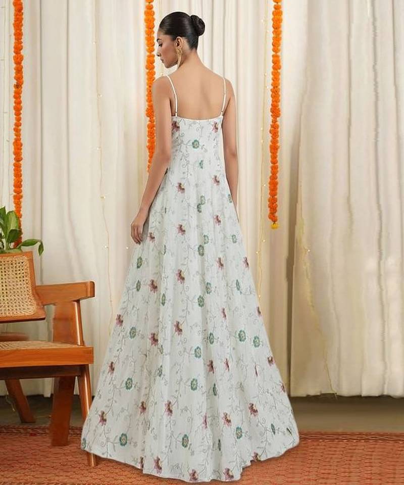 White embroidered tissue anarkali set