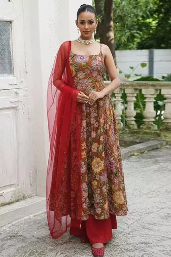 Brown printed crepe anarkali set