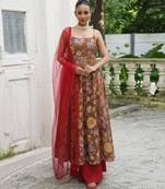 Brown printed crepe anarkali set