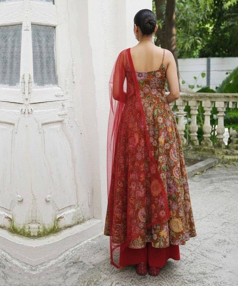 Brown printed crepe anarkali set