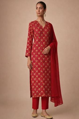 Red printed silk kurta set
