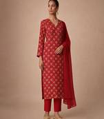 Red printed silk kurta set