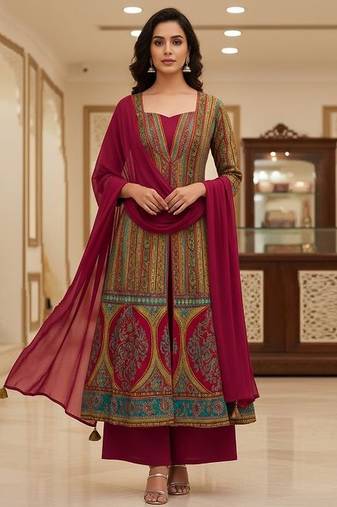 Wine printed brocade anarkali set