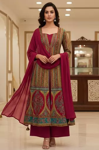 Wine printed brocade anarkali set