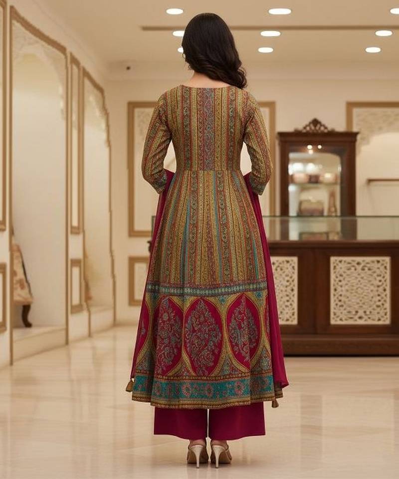 Wine printed brocade anarkali set