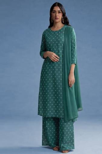 Teal green embroidered poly crepe kurta set