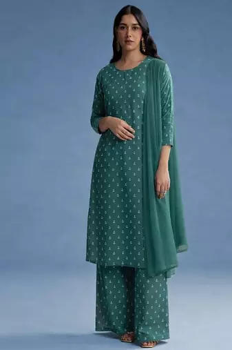 Teal green embroidered poly crepe kurta set
