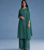 Teal green embroidered poly crepe kurta set