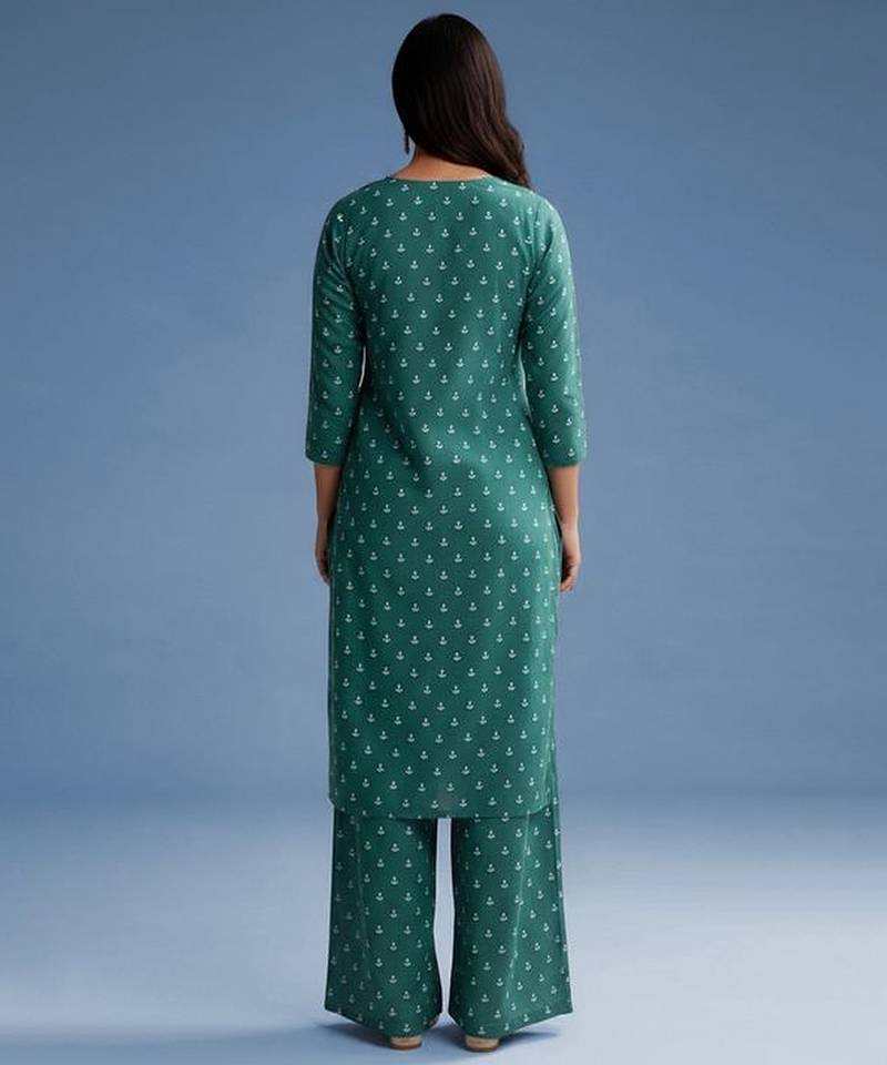 Teal green embroidered poly crepe kurta set