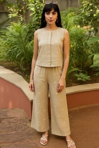 Beige embroidered linen co ord set