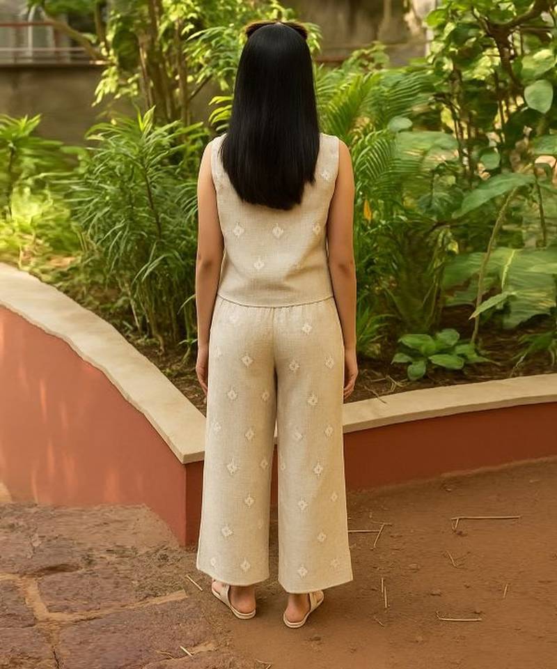 Beige embroidered linen co ord set