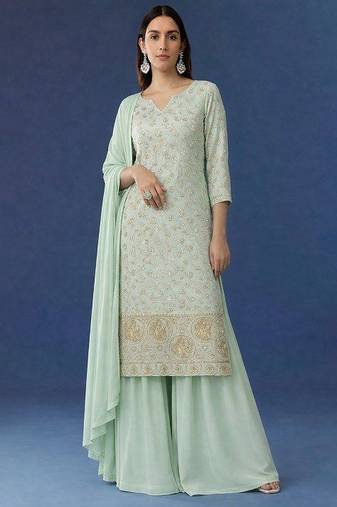 Light green embroidered crepe sharara set