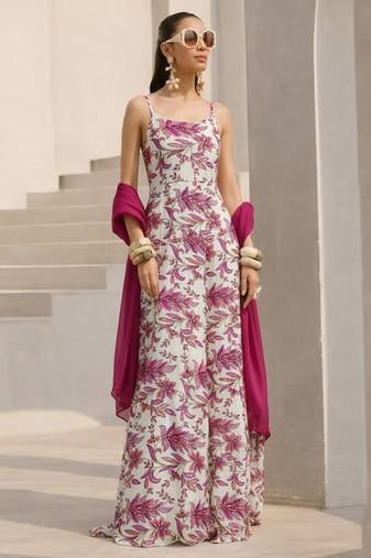 Pink printed crepe anarkali set