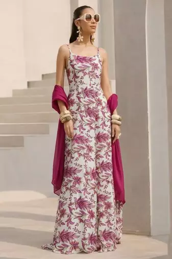Pink printed crepe anarkali set