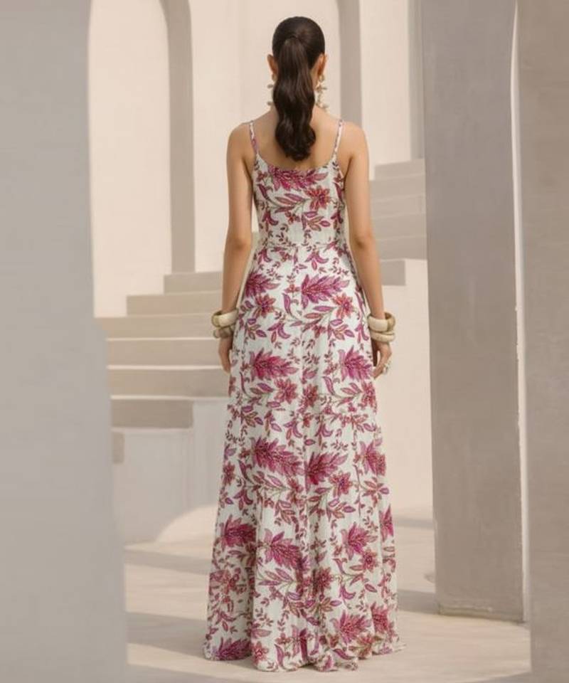 Pink printed crepe anarkali set